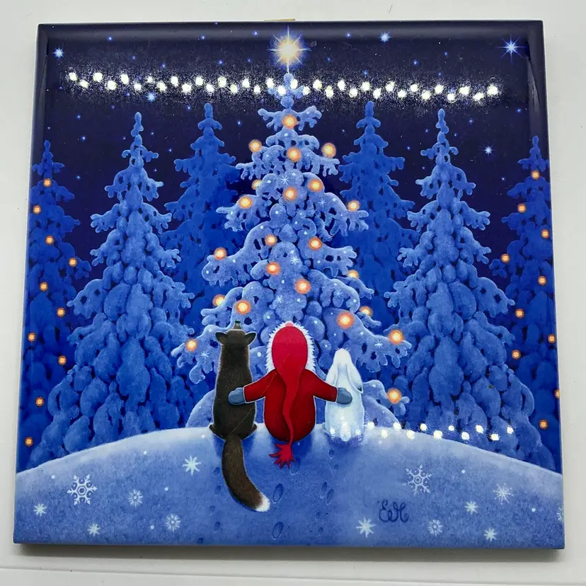 Holiday Tile Trivet Woodland Animals Santa Fox Rabbit in Snowy Forest Blue Eva M