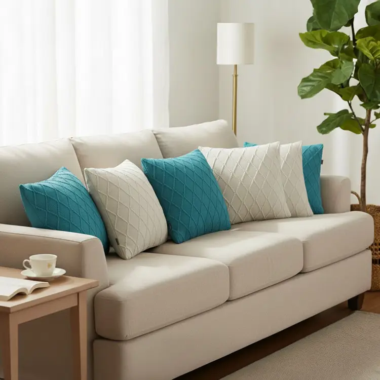 SOGA 6PC Turquoise Diamond Knit & Cream Cable Knit Diamond Pillow Covers 45cm