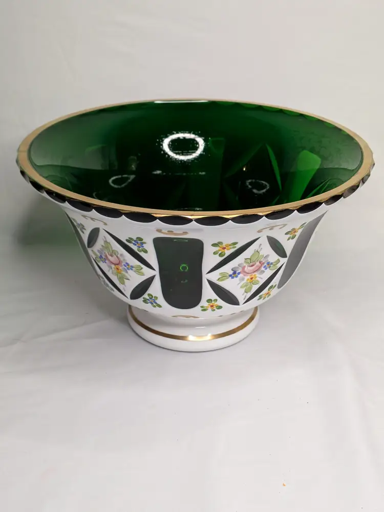 Moser Style Glass Bowl Czech Bohemian White Overlay Cut to Green Hand Painted