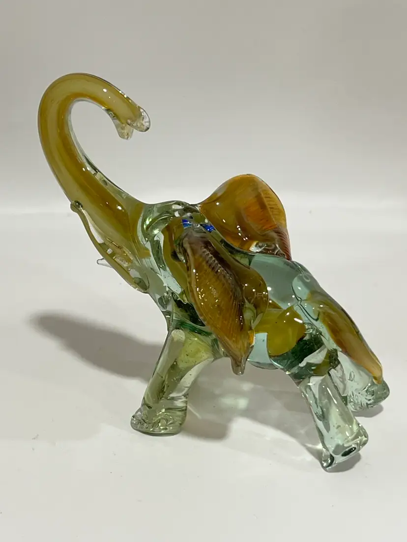 Hand Blown Art Glass Elephant- Murano Style- Trunk Up for Luck- Applied Ears/Trunk- 4 5/8” Tall, 6” Long