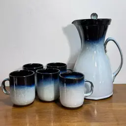 Studio Art Pottery Pitcher Mugs Signed Peter Pots Handmade Seagull Blue Set