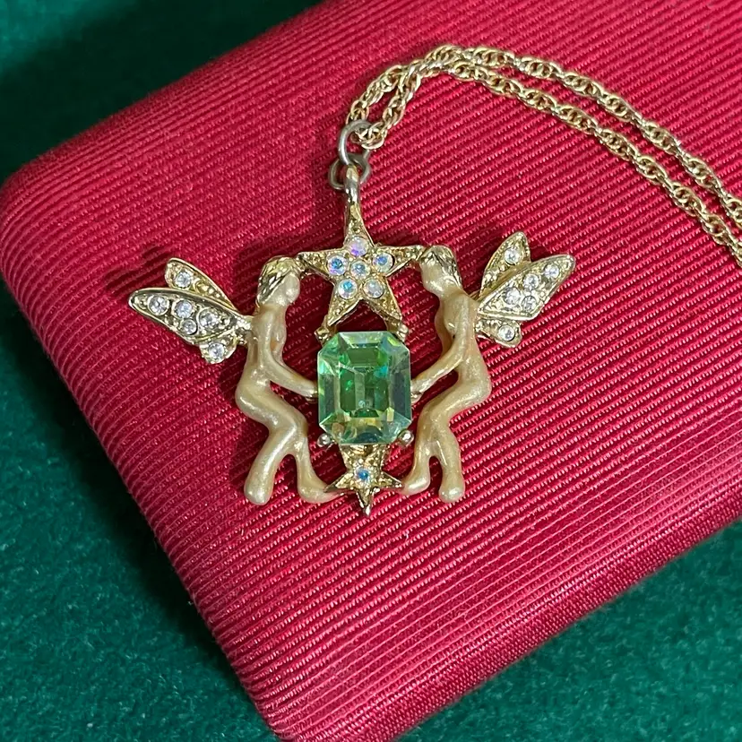 Kirk’s Folly Necklace Double Pixie Fairy Enameled Pendant Gold Tone Green Faceted Rhinestone Star