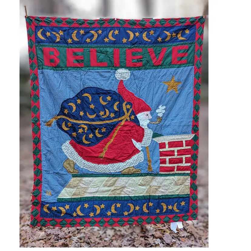 Handmade Mary Engelbreit Christmas Quilt, Believe Santa Throw or Wall Hanging, 50" x 60", Primitive Rustic 90s Decor