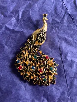 Vintage Gold Tone Peacock Brooch Rhinestone Multicolor Retro