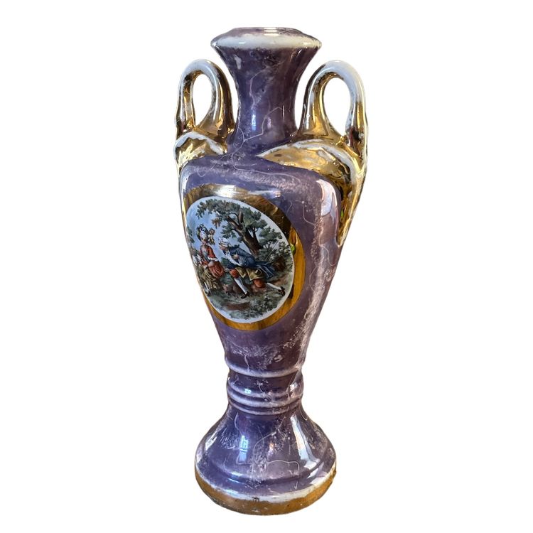 Purple Porcelain Antique Lamp Base With A Pastoral Couple Scene And Gold Trim