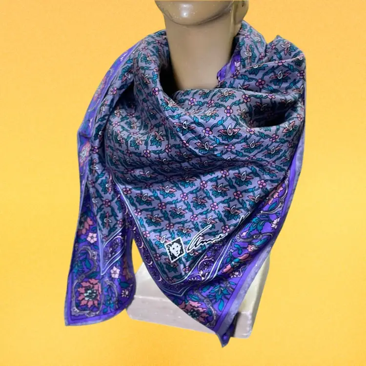 Vintage 1980s Anne Klein Purple Silk Scarf, Ornate Design Square, 26"x26"