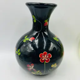 Sue K Fenton Black Glass Hand Painted Vase LOW START