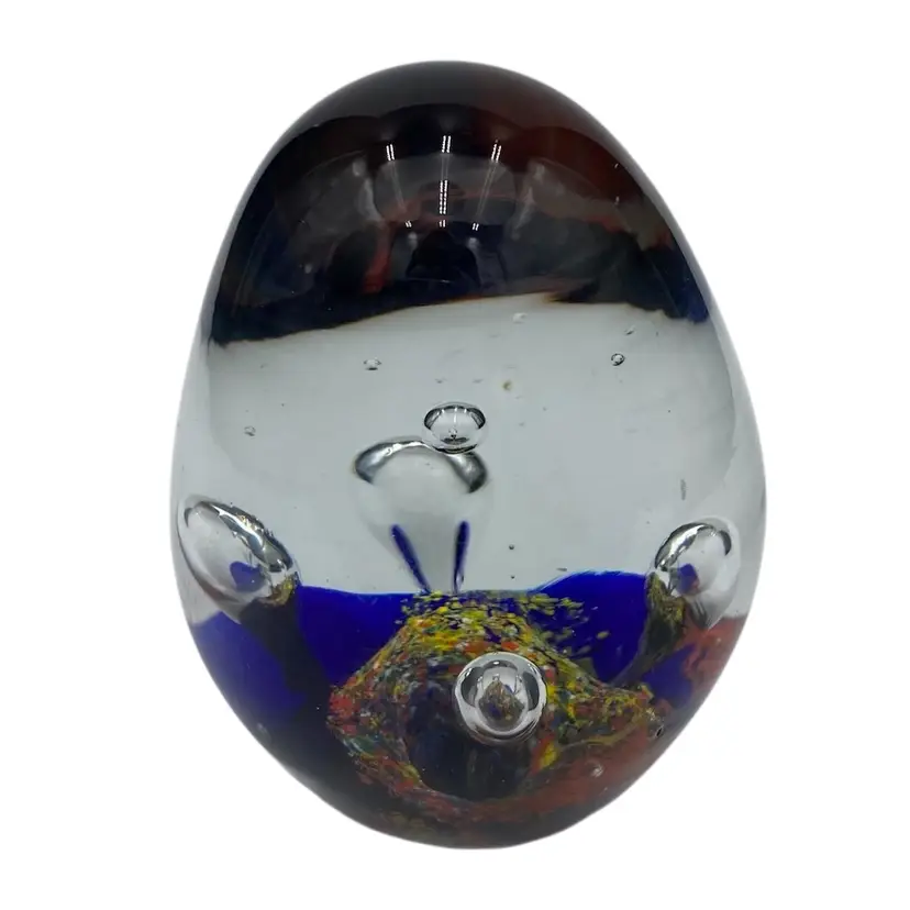 3.5" Clear Egg-Shaped Paperweight, Clear Bubbles w/Cobalt Blue & Confetti Base