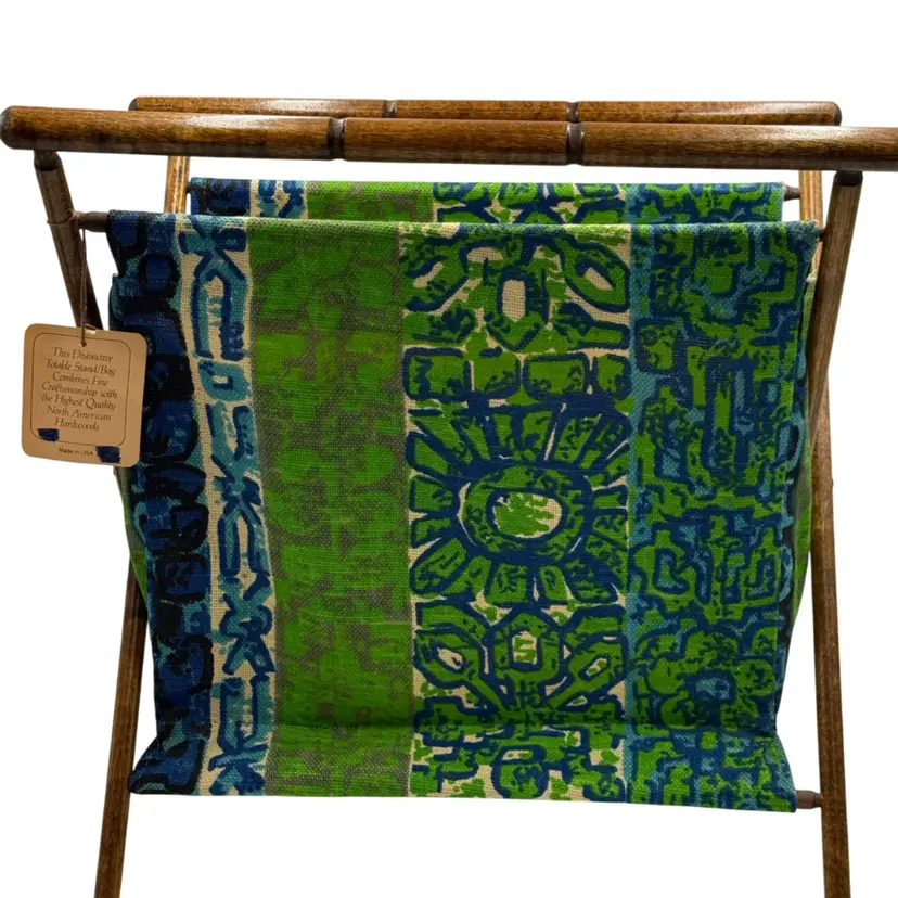 Vintage 70s Folding Sewing Knitting Basket Stand Wood & Barkcloth Fabric Retro Caddy