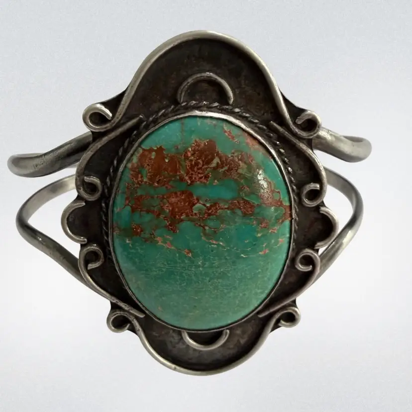 Vintage Sterling Silver Split Shank Southwest Cuff Bracelet With Turquoise Stone About Size 7”