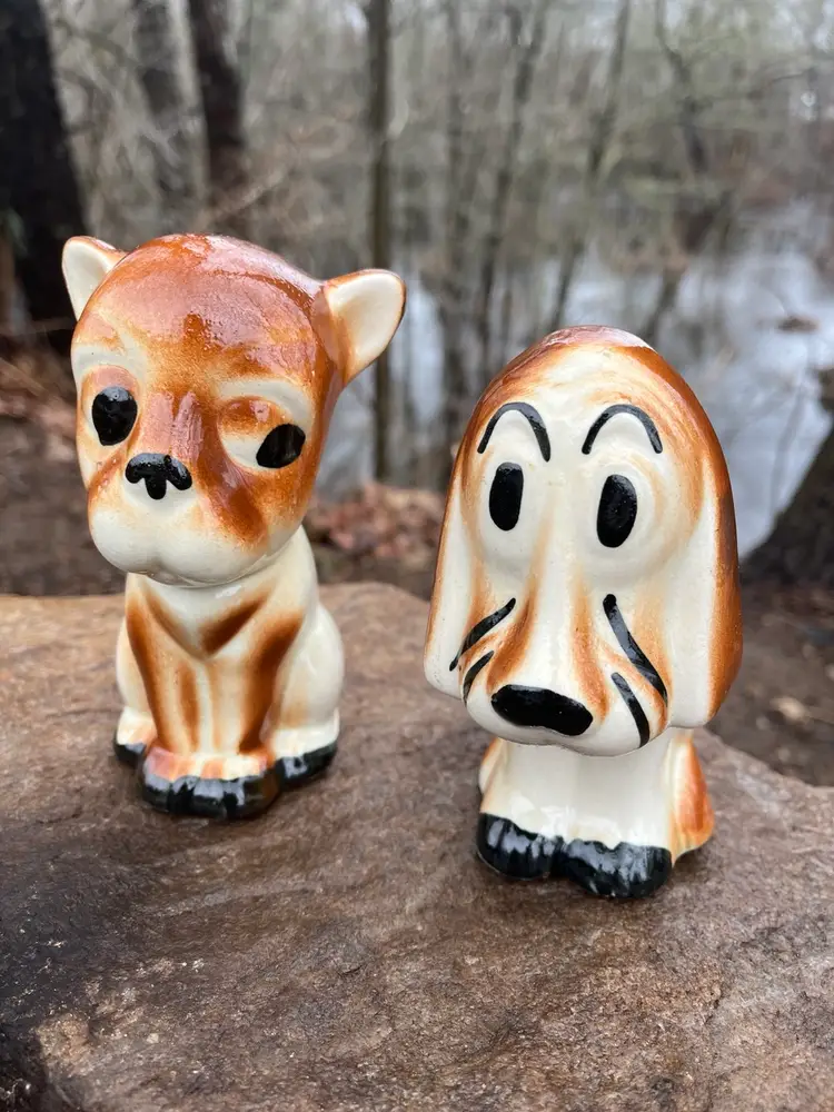 Vintage Hush Puppy Basset Hound & Boston Terrier Ceramic Figurines Puppy Dogs
