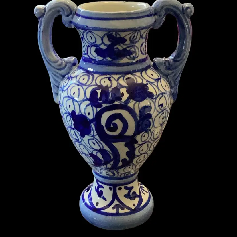 Blue and White Hand Painted Stamped Pottery Vase