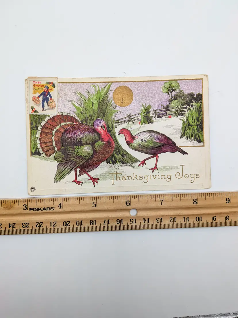 E52. ANTIQUE POSTCARD DOUBLE STAMP GREEN 1¢ "TO BE OPENED DEC 25TH" Stecker 1917 TURKEYS THANKSGIVING JOY