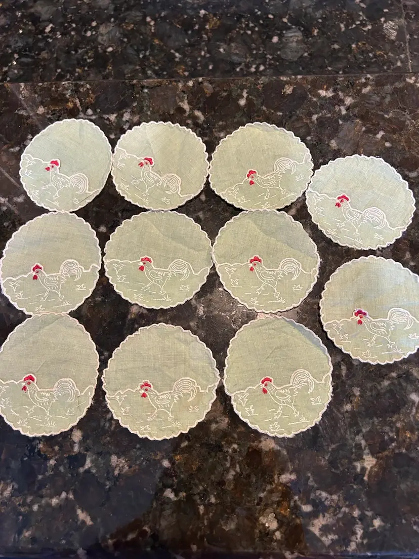 11 Vintage Linen Embroidered Wine, Glass Coaster/Drip Catcher Rooster Design
