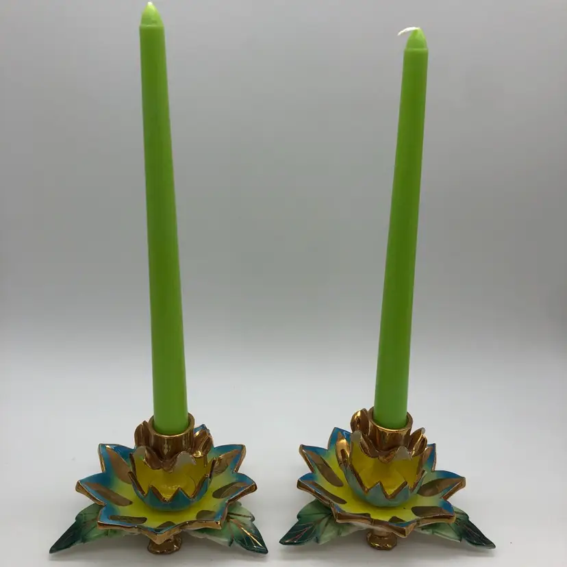PAIR of Waterlily Flower Candlestick Holders - boldly painted pottery with GOLD details possibly Italian? has missing leaf