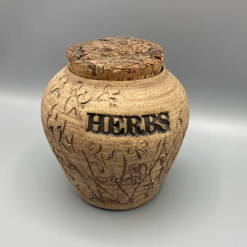 Vintage 1993 "Herbs" Black Creek Pottery Stoneware Jar Crock with Cork Top & Original Paper - Signed