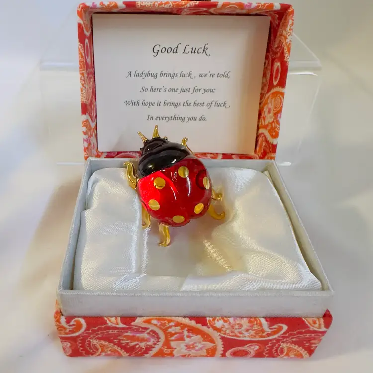 #2033 Vintage Ladybug Beetle “Thinking Of You” Friendship Trinket Glass Hand Painted