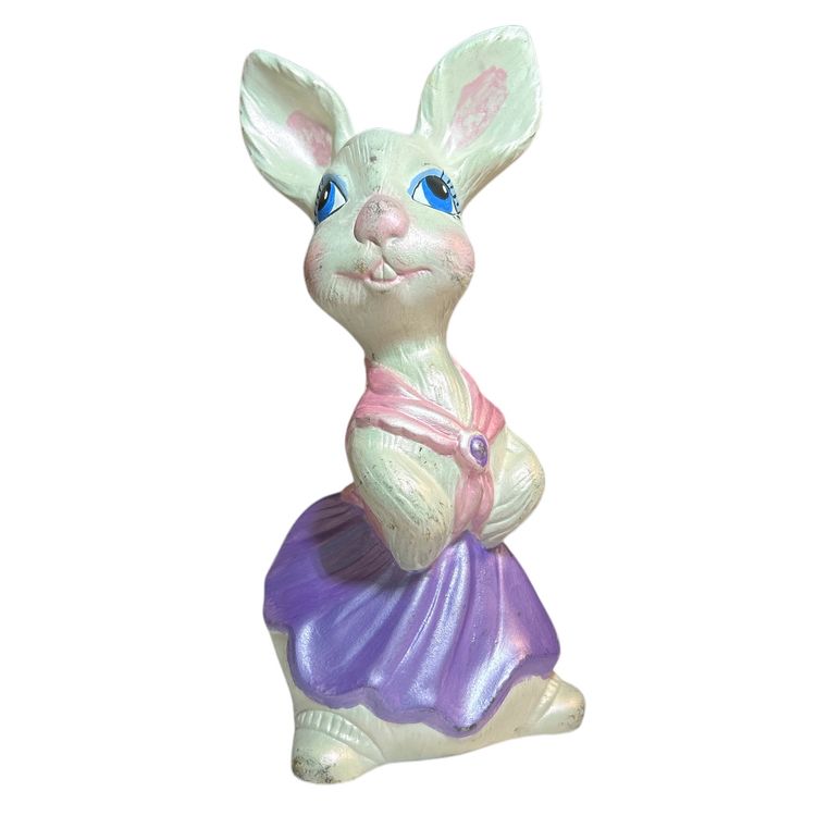 Hand Painted Ceramic Bunny Rabbit with Purple Skirt and Pink Scarf