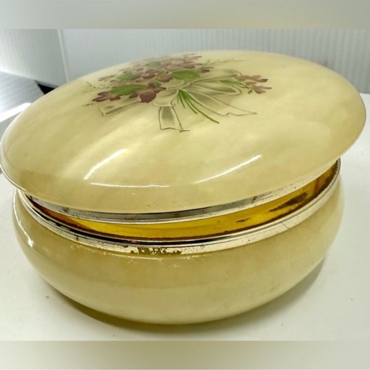 Vintage Alabaster Hand Crafted Hinged Round  Floral Trinket Powder Box Case ITALY