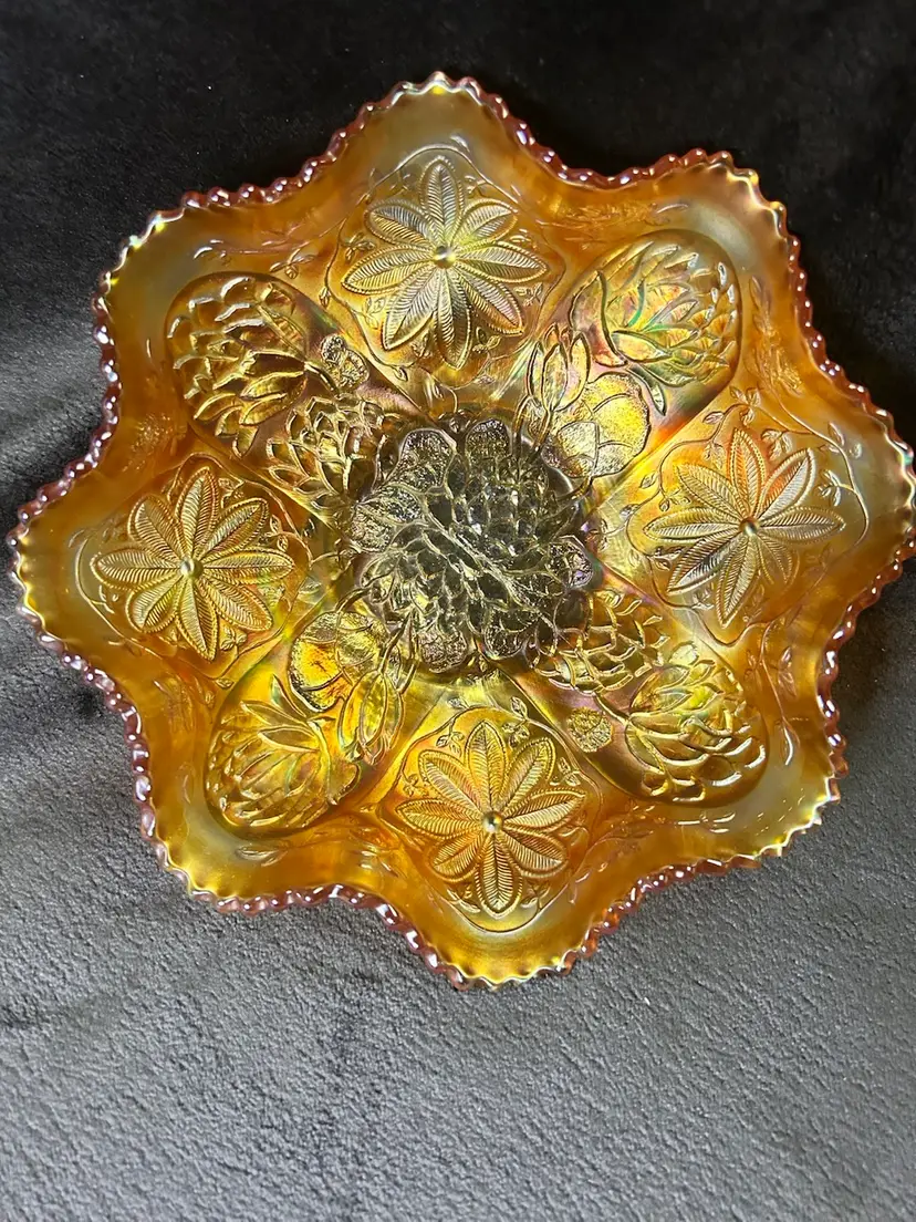 Vintage Fenton Water Lily Marigold Carnival Glass Footed Bowl Gorgeous Color 9”
