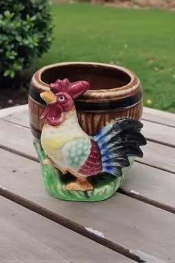 Vintage Rooster Chicken Barrel Pottery Planter 4.25" Farmhouse Country