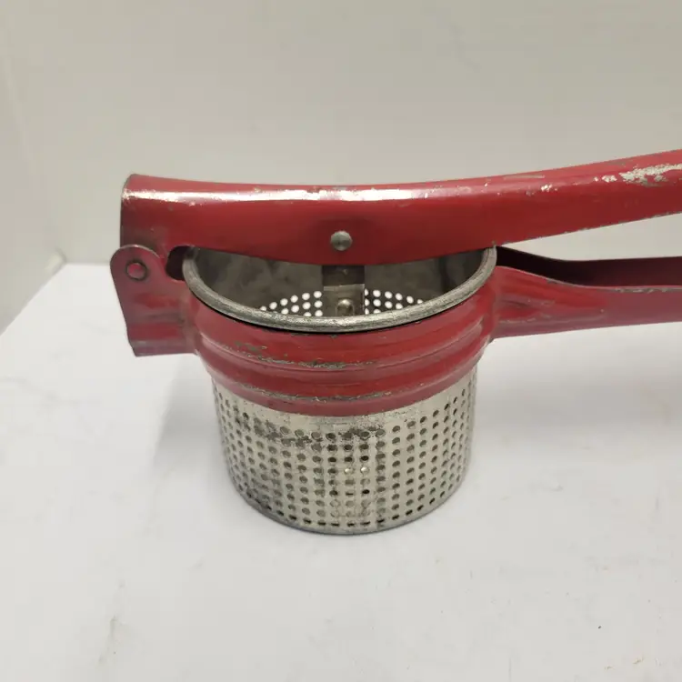 VTG Red Handle Hand Press Juicer Potato Masher  Strainer Farmhouse Staging Decor