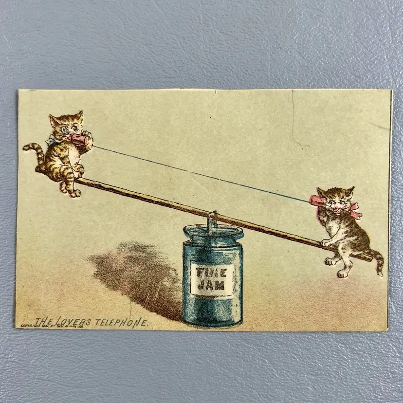 Antique Greeting Card 1892 The Lovers Telephone Cats 4.25x2.75"