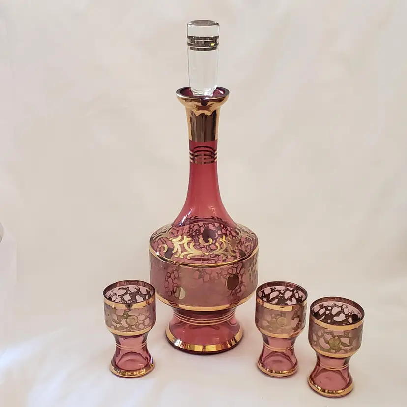 Czech Bohemian Decanter Cordial Glasses (set of 3) Cranberry and Gold with CONDITION ISSUES