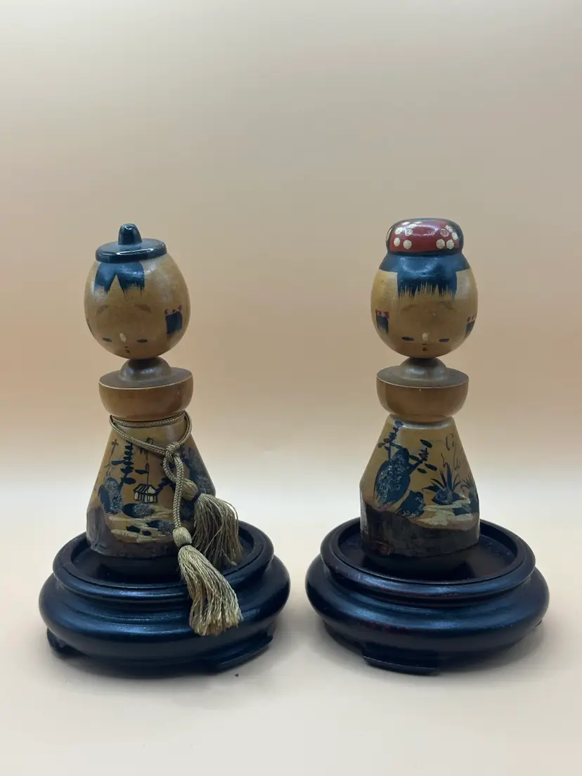 Pair of Vintage Japanese Kokeshi Wooden Dolls With Stands