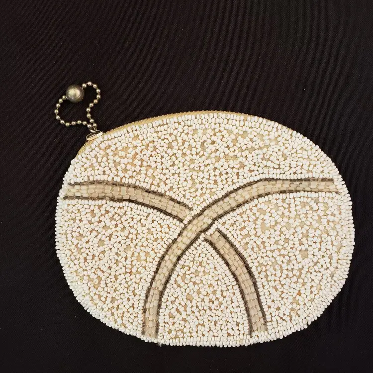 Beaded Coin Purse Zippered with White & Brown Beads 5" wide unbranded Vintage