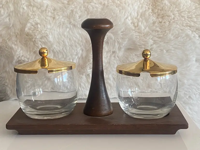 Vintage Midcentury Modern Glass Condiment Jars with Gold Lids and Wooden Caddy