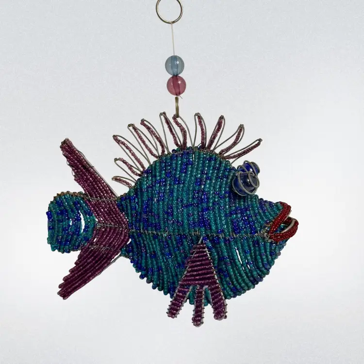 Beadworx Glass Bead Fish Hanger Ornament Shelf Art Blue•Aqua•Purple Decor Beach Ocean Seashore
6-1/2” T x 7-1/4” L x 4” W
