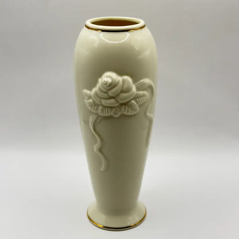 Vintage 1990’s Ivory Porcelain Vase with Raised Rose Design, Elegant Gold Trim, By Lenox, Made in Malaysia