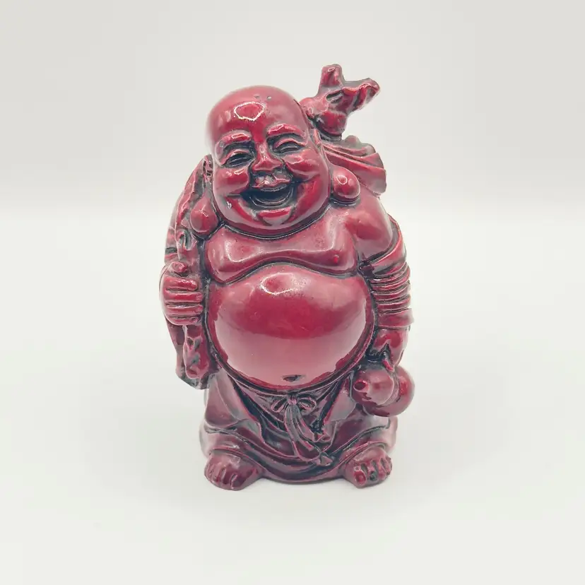 Vintage Laughing Buddha Figurine, Red Lacquer, Good Fortune Luck Charm, Unbranded, Made in China