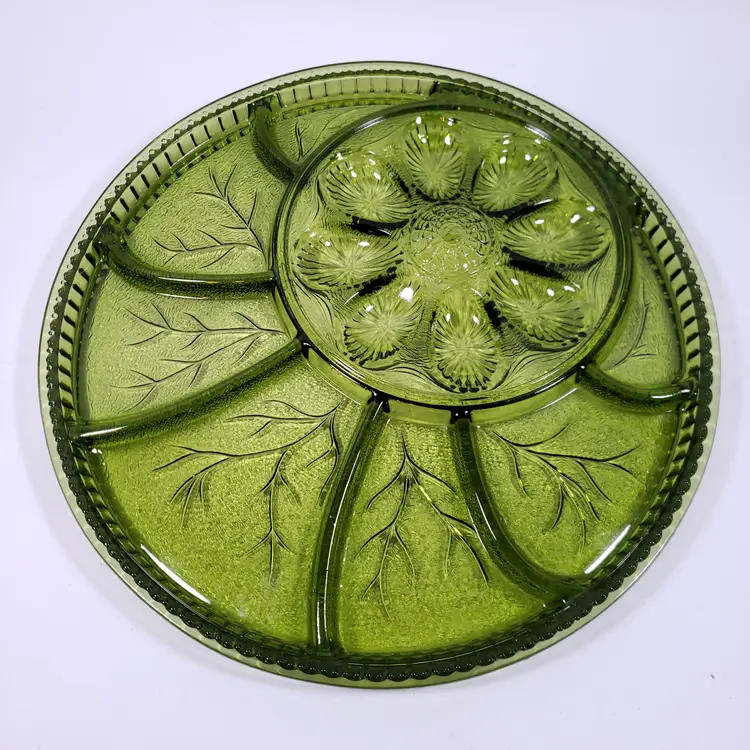 Vintage INDIANA GLASS Avocado Green Pebbled Leaf Deviled Egg Relish SERVING TRAY