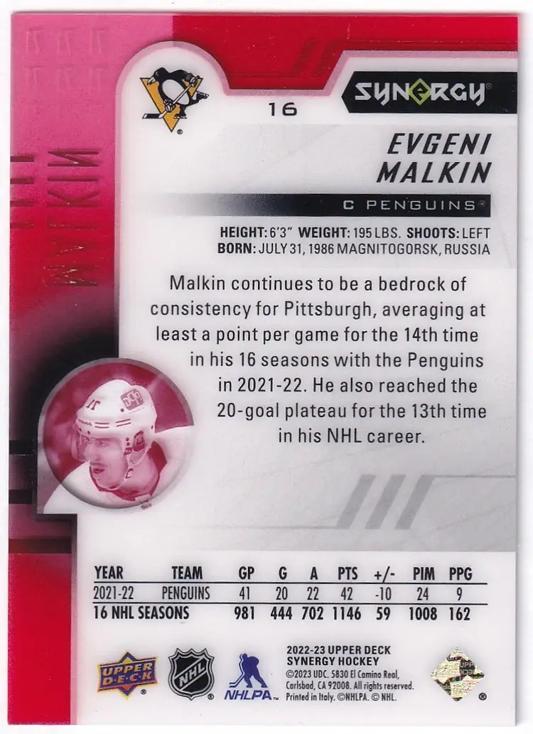 2022-23 Synergy Red #16 Evgeni Malkin Pittsburgh Penguins Hockey Card