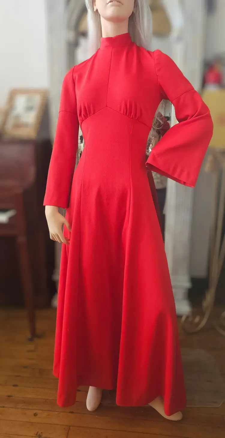 Vintage 1970s Red Renaissance Style Maxi Dress With Bell Sleeves