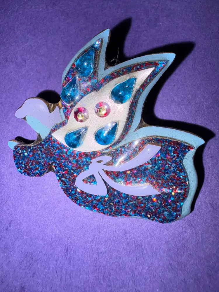 Vintage Designs By Lucinda Flying Angel Pin / Brooch - She is Wearing a Glittery Robe With Blue, Purple And Pink Colors and has Wings of Silver With Blue Rhinestones ~ HEAVENLY