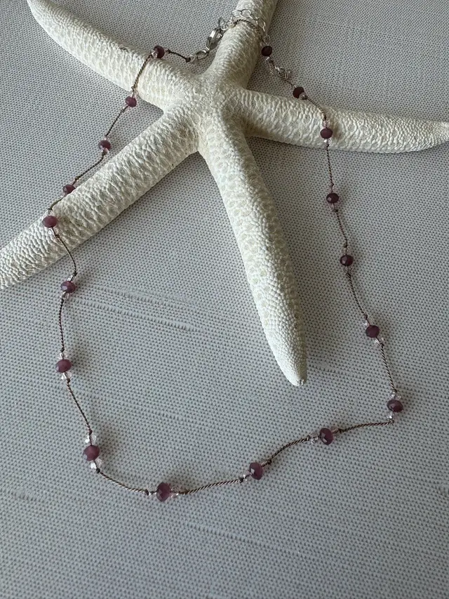 Wine Color Bead And Silver Silk Thread Knotted Necklace 17” 2” Extender #67