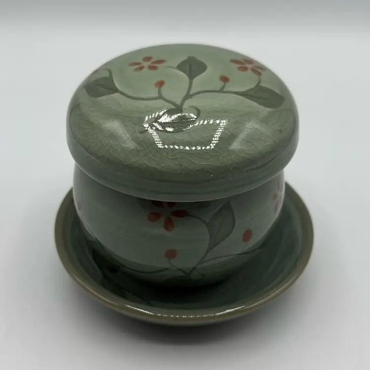 4 Piece Celadon Tea Cup, Saucer, Steeper, And Lid