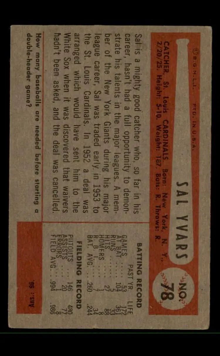 1954 Bowman #78 Sal Yvars - (pk-tl3) - St. Louis Cardinals