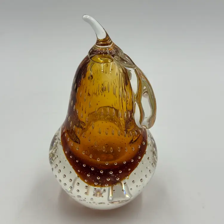 Hand Blown Glass Pear Paperweight Amber Clear Controlled Bubbles Sommerso