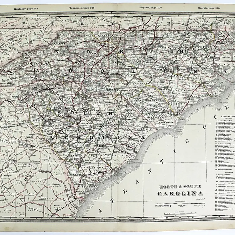 Railroad Map of North and South Carolina circa 1900 Large 22 1/2 x 17 1/2 Full Color Lithograph