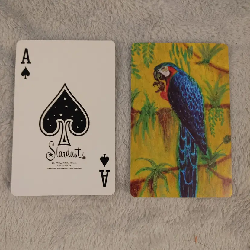 1 Single Swap Card - Playing Card. Vintage Blue Macaw parrot card. Ace of Spades. Made in MN. Dimension 2.5 x 3.5. Read description.