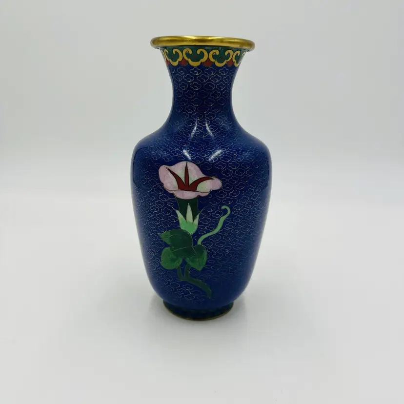 Cloisonné Vase 8in Chinese Enamel Floral Blue Vintage Flower Design