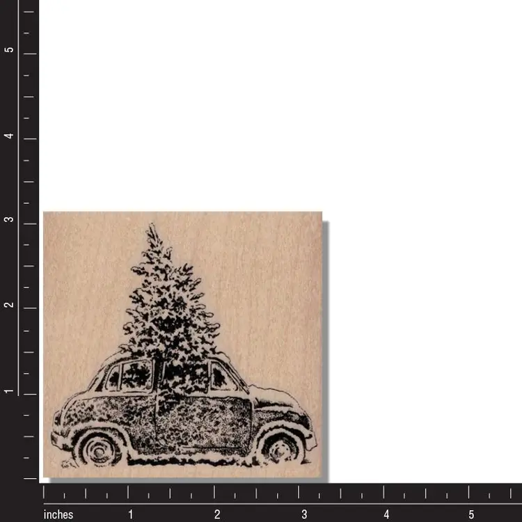 Christmas Tree On Car In The Snow For Handmade Christmas Cards and Holiday Crafts Rubber Stamp