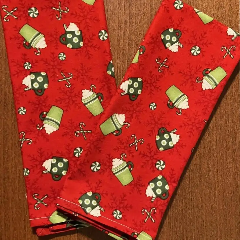 2 Hand Made Christmas Holiday Cotton Napkins Red Hot Cocoa and candy cane