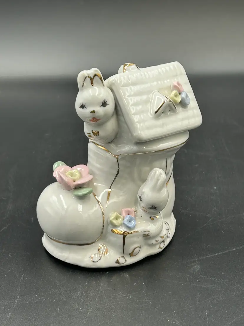 Vintage Bunnies Living In A Boot With Flowers And Gold Accents