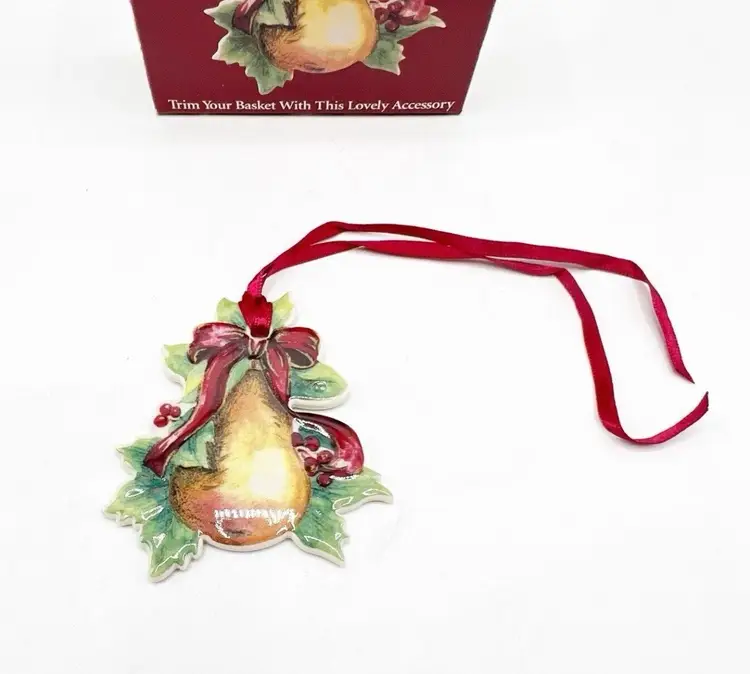 Longaberger Christmas Pear with Holly Berry Basket Tie-On 2000 Ceramic Boxed New