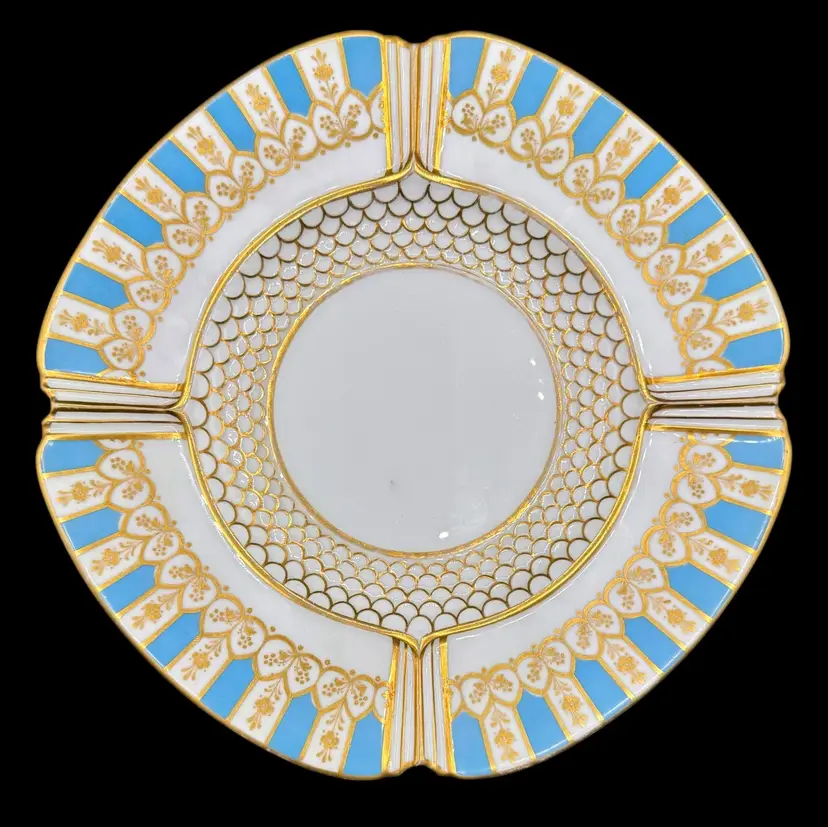 Antique Copeland Spode 19th c Quatrefoil Cabinet Plate Turquoise Blue Gold Scale